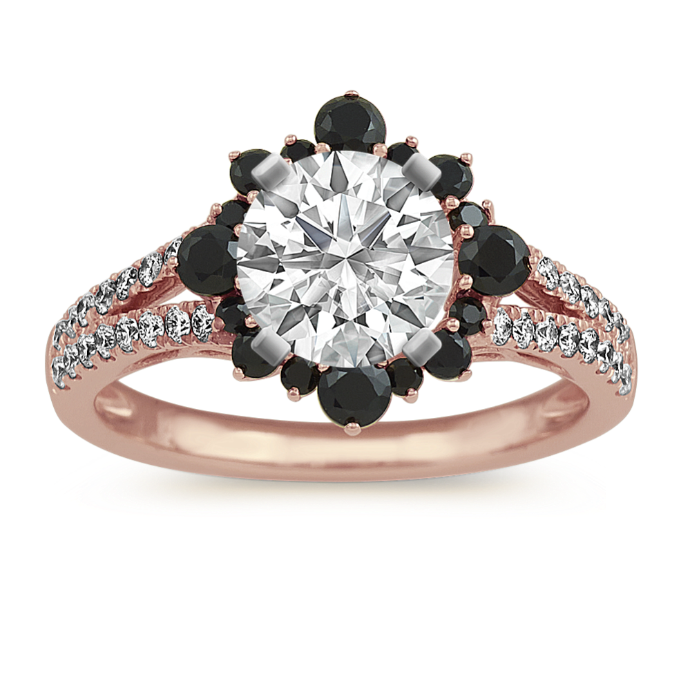 Black Sapphire and Diamond Halo Engagement Ring