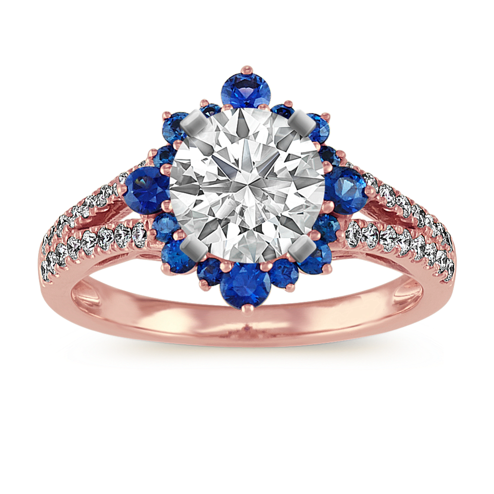 Traditional Blue Sapphire and Diamond Halo Engagement Ring