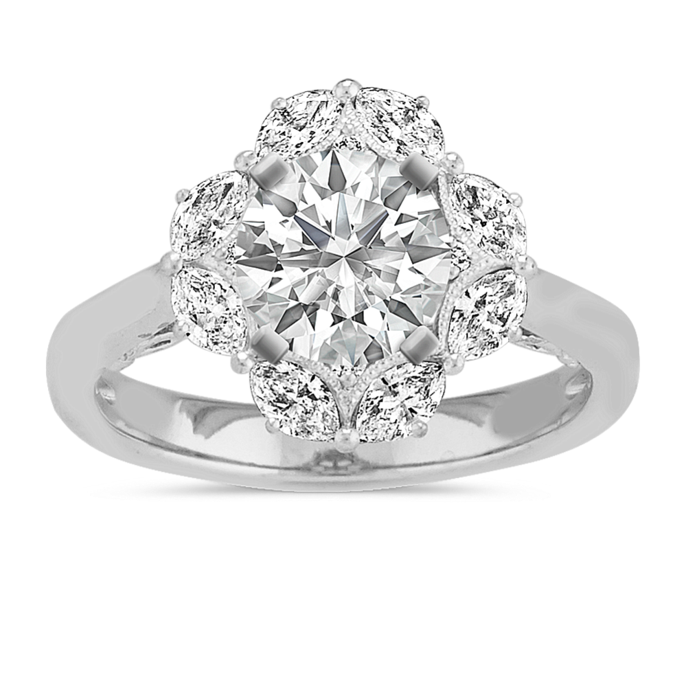 Navette Diamond Halo Engagement Ring with Milgrain Detail