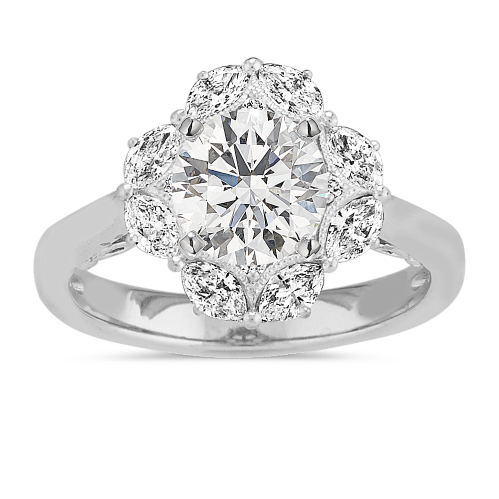 Navette Diamond Halo Engagement Ring with Milgrain Detail