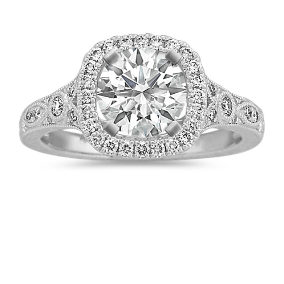 Vintage Diamond Halo Engagement Ring in 14k White Gold