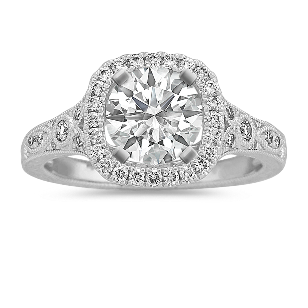 Vintage Diamond Halo Engagement Ring in 14k White Gold