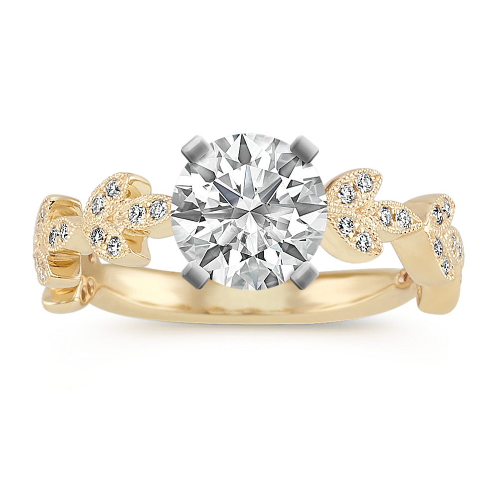 Vintage Leaf Round Diamond Engagement Ring