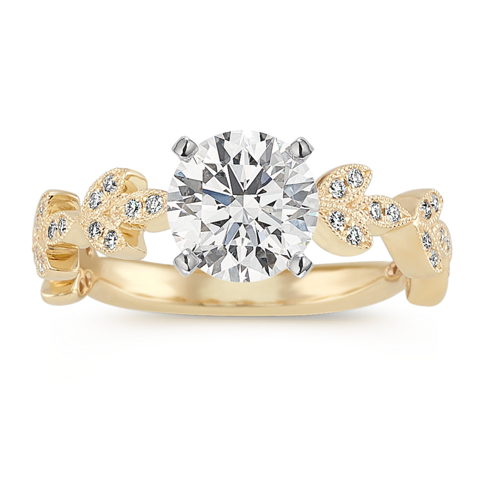 Vintage Leaf Round Diamond Engagement Ring