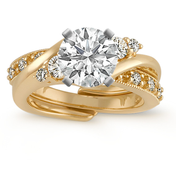 Round Diamond Swirl Wedding Set in 14k Yellow Gold with Brilliant Round Diamond