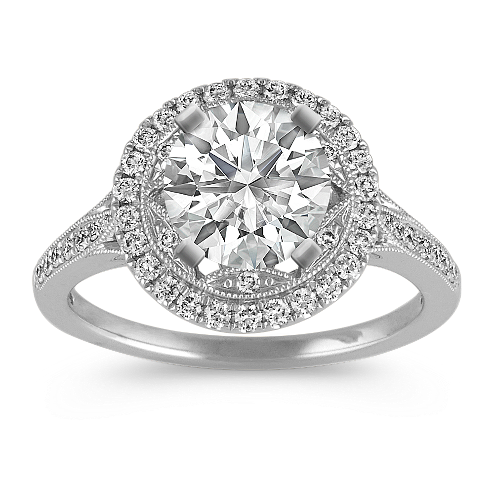 Round Diamond Halo Vintage Engagement Ring with Pave Setting