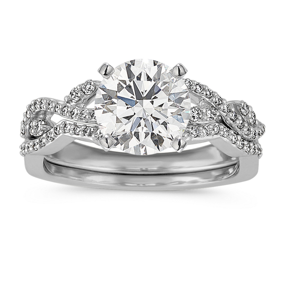 Round Diamond Vine Wedding Set in 14k White Gold