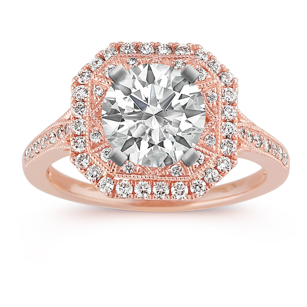 Double Halo Vintage Engagement Ring in 14k Rose Gold