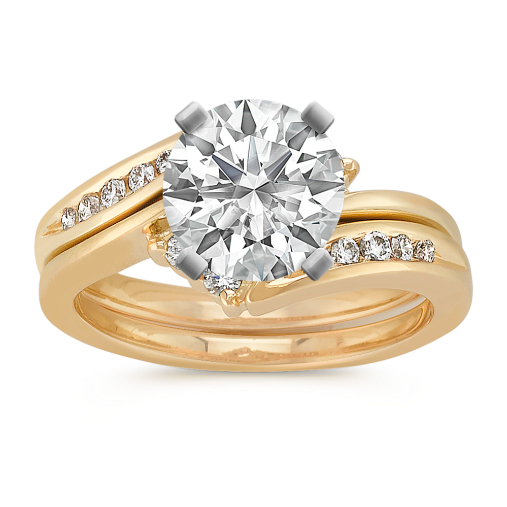 Swirl Round Diamond Wedding Set in 14k Yellow Gold