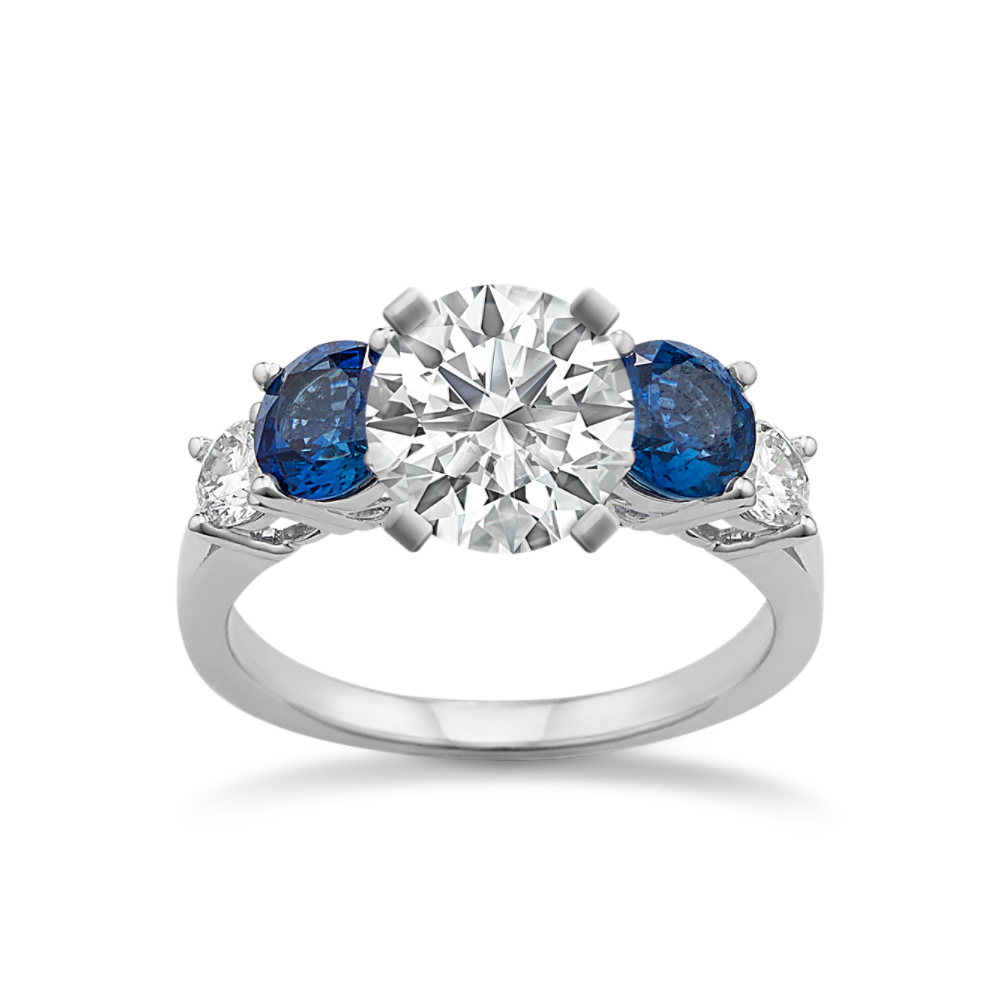 Round Traditional Natural Sapphire and Natural Diamond Engagement Ring