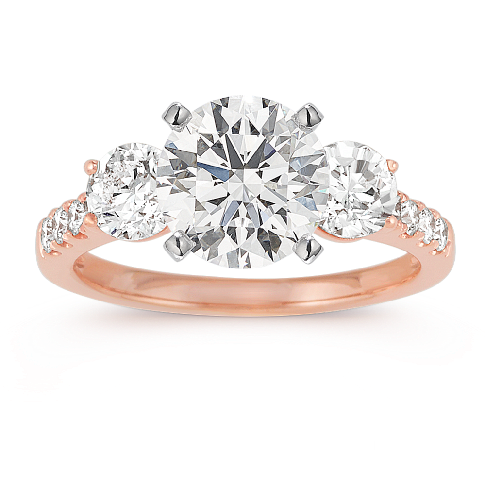 Cathedral Three-Stone Round Diamond Engagement Ring in 14k Rose Gold