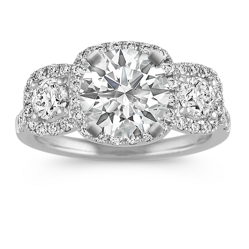 Three-Stone Diamond Halo Engagement Ring