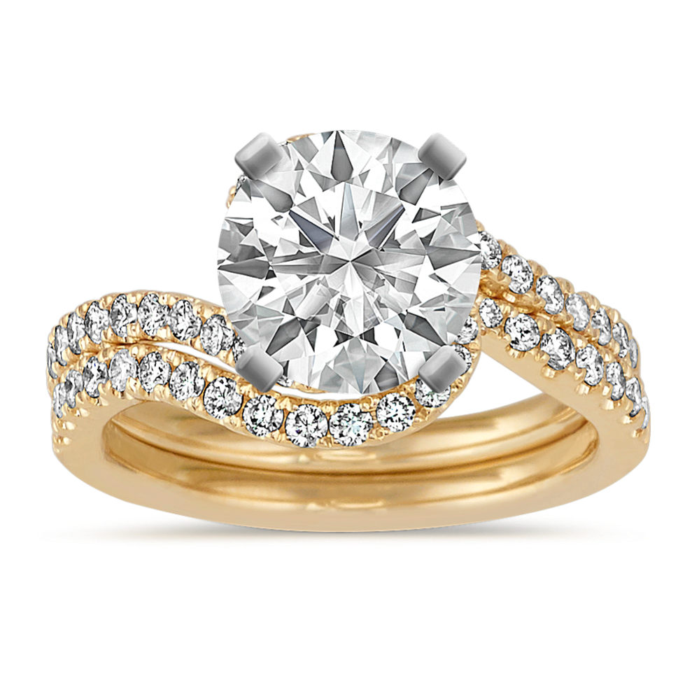 Round Diamond Swirl Wedding Set in 14k Yellow Gold