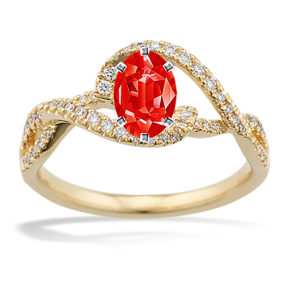 Padua Diamond Swirl Engagement Ring in 14k Yellow Gold with Oval Fire Sapphire