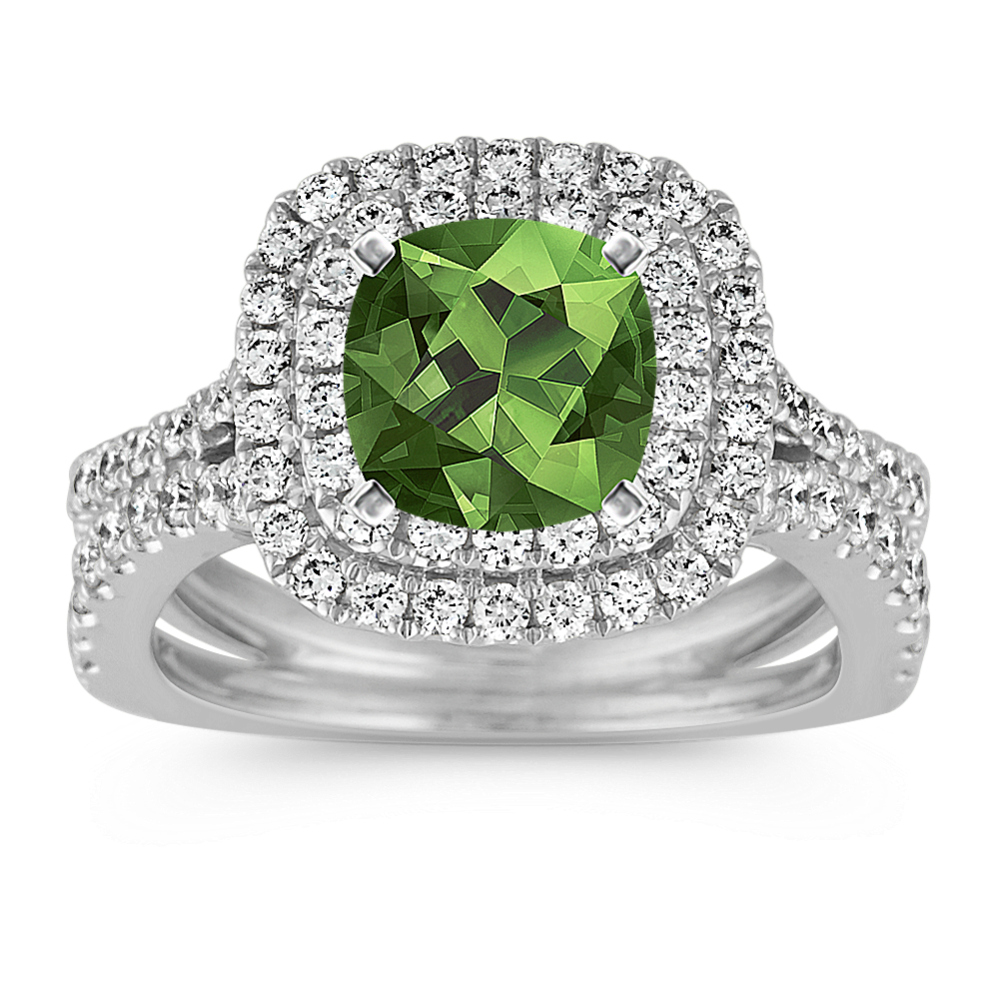 Double Cushion Halo Round Diamond Split Shank Engagement Ring
