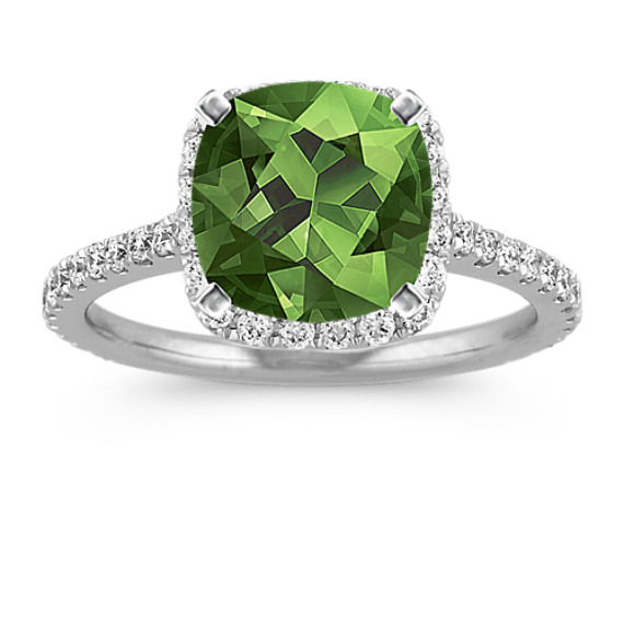 Halo Diamond Engagement Ring for 2.00 Carat Cushion Cut with Square Cushion Cut Green Sapphire