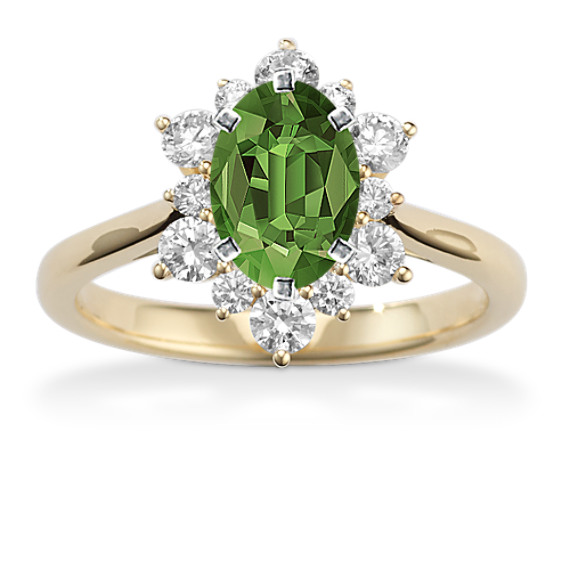 Viola Diamond Halo Engagement Ring with Oval Green Sapphire