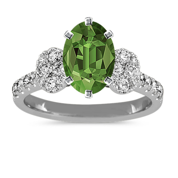 Diamond Cluster Engagement Ring in 14k White Gold with Oval Green Sapphire