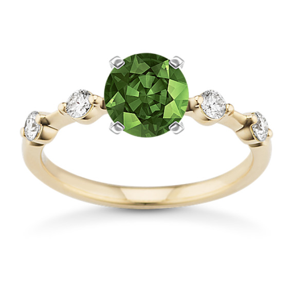 Classic Round Diamond Engagement Ring with Round Green Sapphire