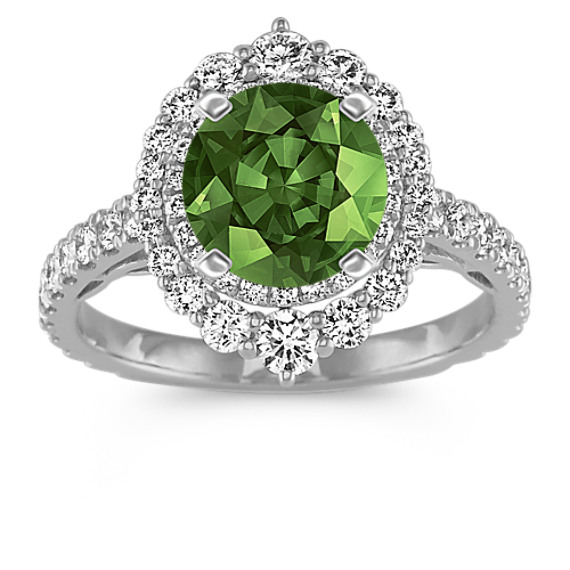 Double-Halo Diamond Engagement Ring in 14k White Gold with Round Green Sapphire