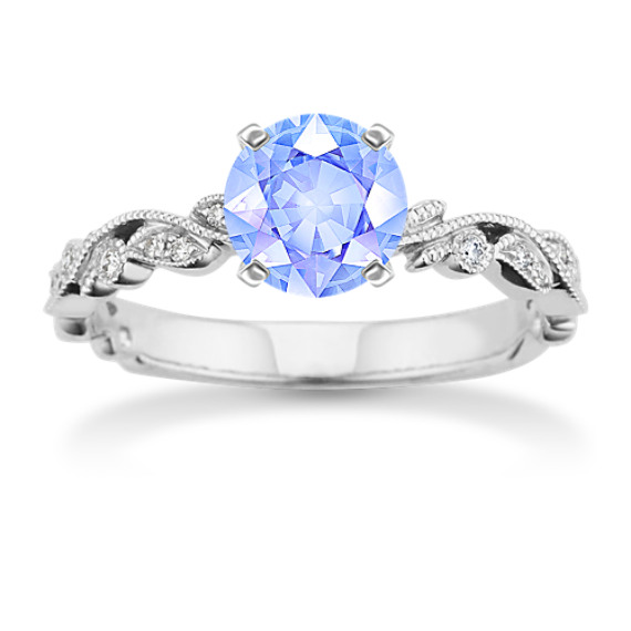Vintage Diamond Engagement Ring in 14k White Gold with Round Ice Blue Sapphire
