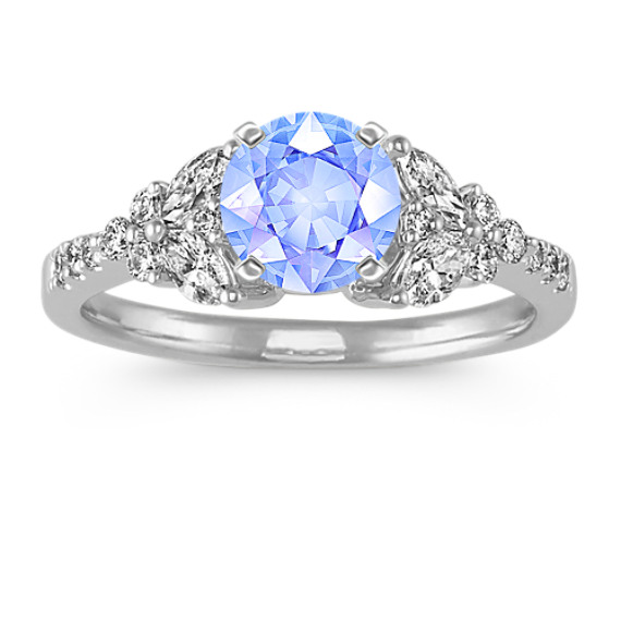 Marquise and Round Diamond Engagement Ring with Round Ice Blue Sapphire