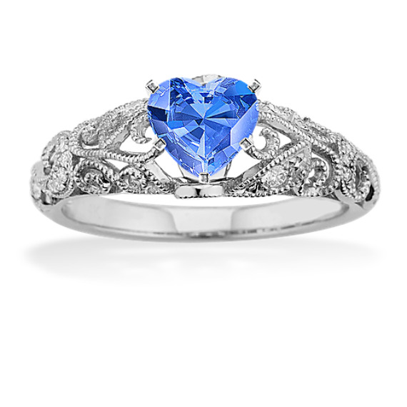 Vintage Diamond Engagement Ring in 14k White Gold with Heart Kentucky Blue Sap...