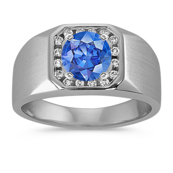 Channel-Set Round Diamond Mens Engagement Ring with Round Kentucky Blue Sapphire