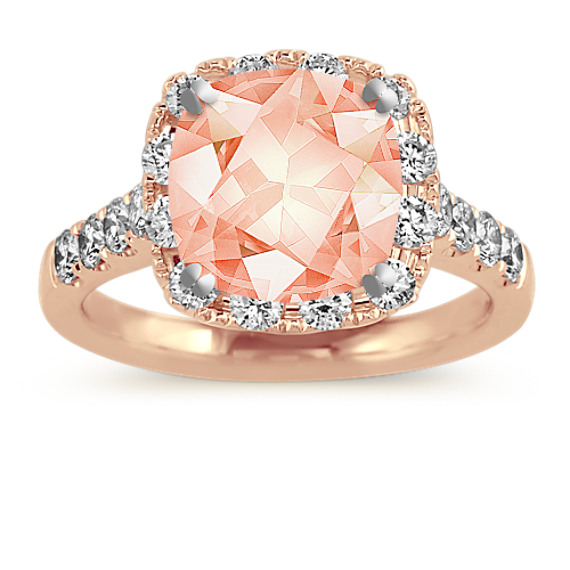Diamond Halo Engagement Ring in 14K Rose Gold with Cushion Cut Morganite