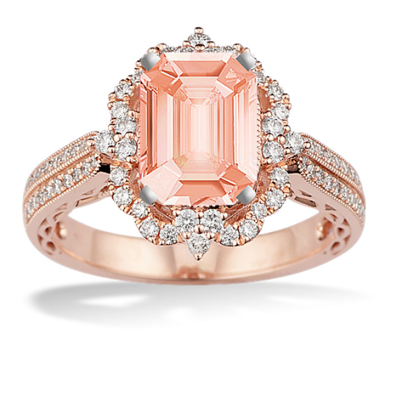 Art Nouveau Diamond Halo Engagement Ring in 14k Rose Gold with Emerald Cut Morganite