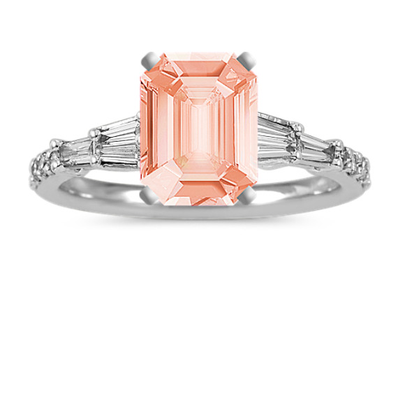 Classic Baguette and Round Diamond Engagement Ring with Emerald Cut Morganite