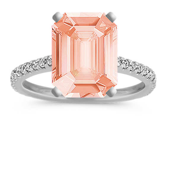 Pave-Set Round Diamond Engagement Ring in 14k White Gold (Sz 4) with Emerald Cut Morganite
