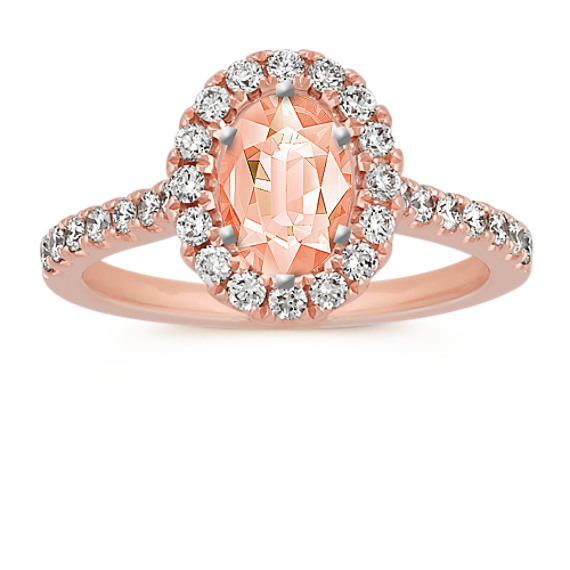 Oval Halo Engagement Ring in 14k Rose Gold with Round Diamond Accents with Oval Morganite