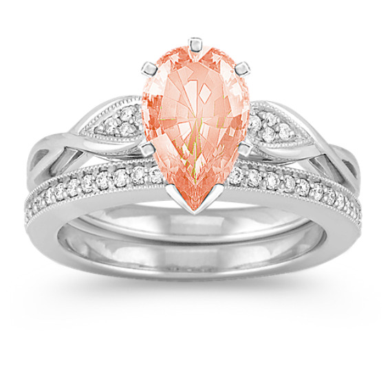 Swirl and Cluster Diamond Wedding Set with Pave Setting with Pear Morganite