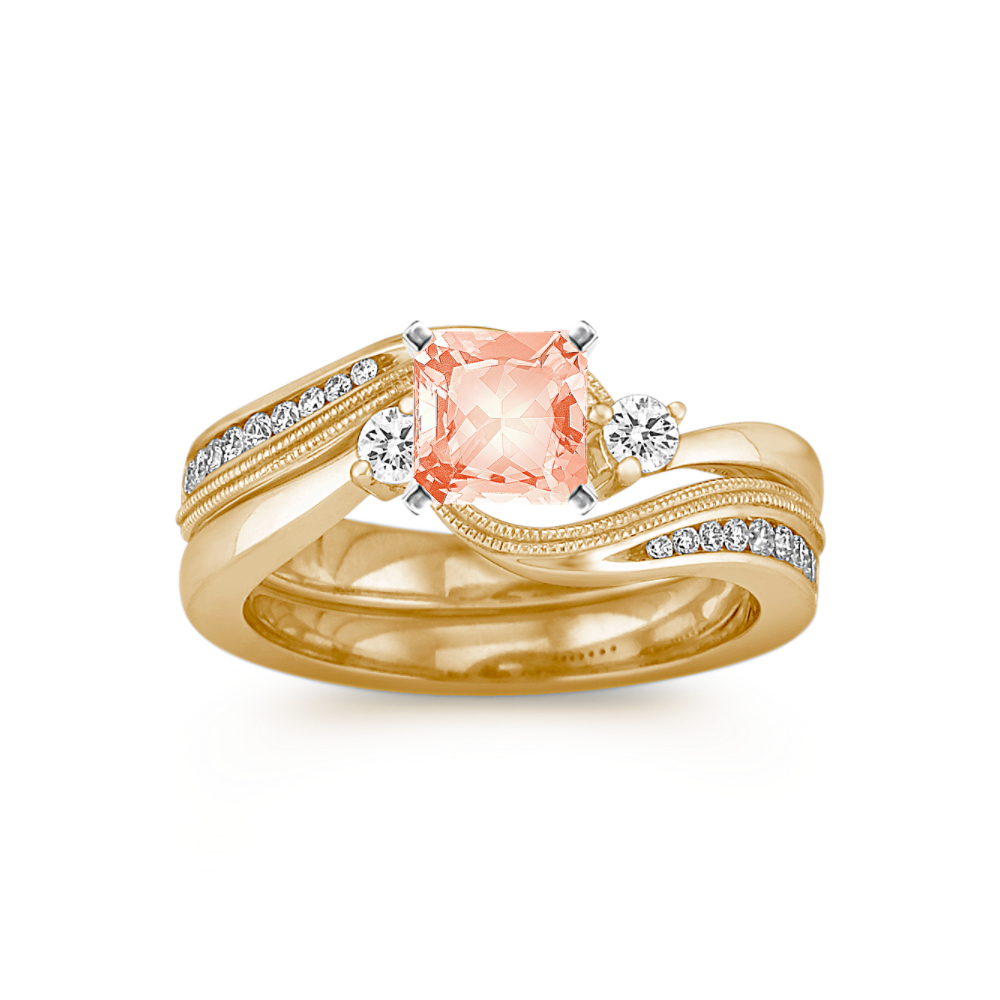 Three-Stone Natural Diamond Swirl Wedding Set in 14k Yellow Gold
