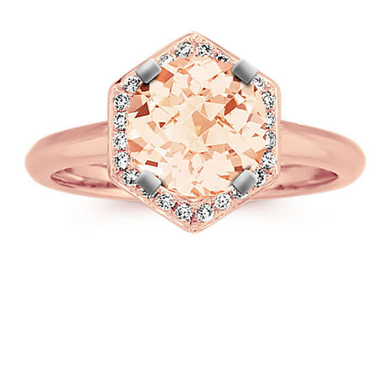 Diamond Halo Engagement Ring in 14k Rose Gold with Round Morganite