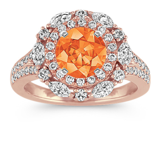 Double-Halo Diamond Engagement Ring in 14k Rose Gold with Round Orange Sapphire