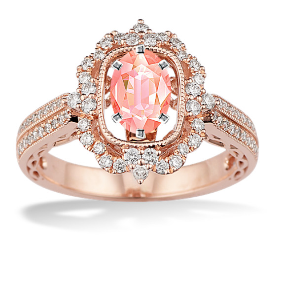 Art Nouveau Diamond Halo Engagement Ring in 14k Rose Gold with Oval Peach Sapphire
