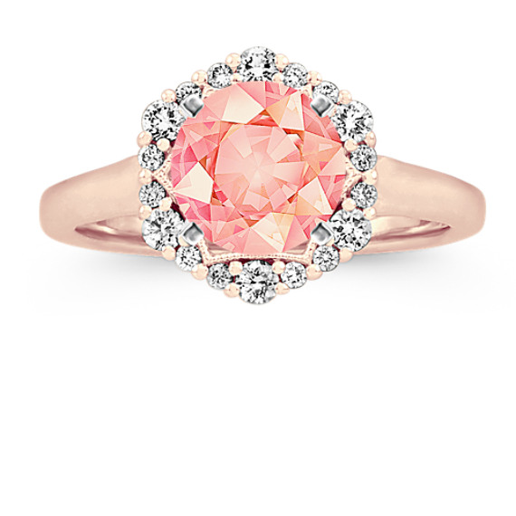 Hexagon Diamond Halo Engagement Ring with Round Peach Sapphire
