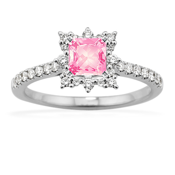 Pave-Set Diamond Halo Engagement Ring in 14K White Gold with Princess Cut Pink Sapphire