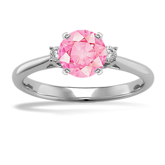 Three-Stone Diamond Engagement Ring with Round Pink Sapphire