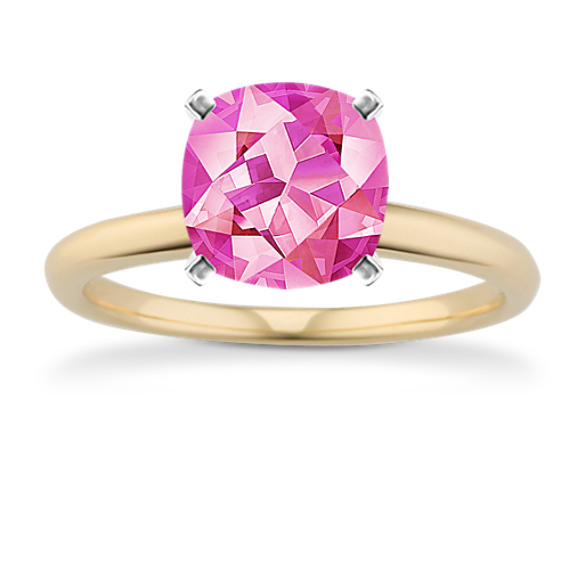 14k Yellow Gold Knife Edge Solitaire Ring with Cushion Cut Raspberry Sapphire