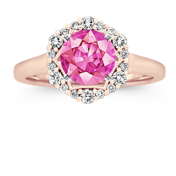 Diamond Halo Engagement Ring in 14k Rose Gold with Round Raspberry Sapphire