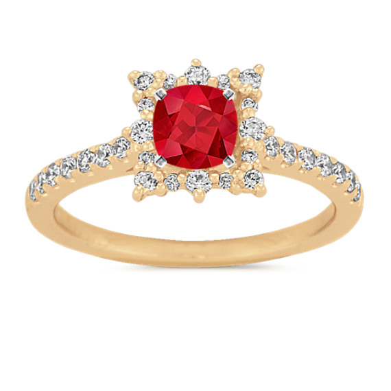 Pave-Set Diamond Halo Engagement Ring in 14K Yellow Gold with Square Cushion Cut Ruby