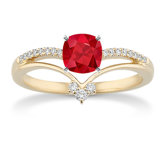 Duet Diamond Engagement Ring in 14k Yellow Gold with Square Cushion Cut Ruby