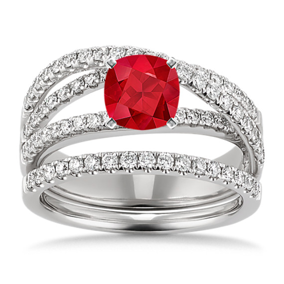 Entwined Diamond Wedding Set with Pave Setting with Square Cushion Cut Ruby