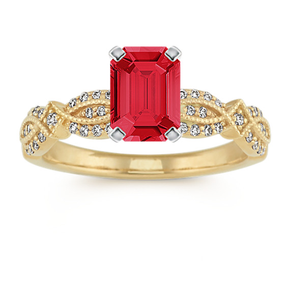 Vintage Engagement Ring in 14k Yellow Gold with Emerald Cut Ruby