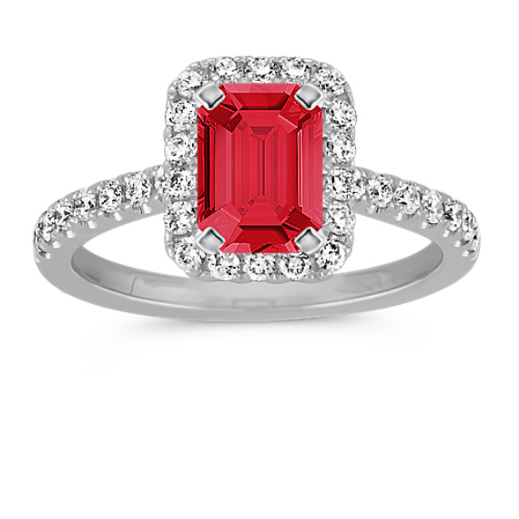 Diamond Halo Engagement Ring in 14k White Gold with Emerald Cut Ruby