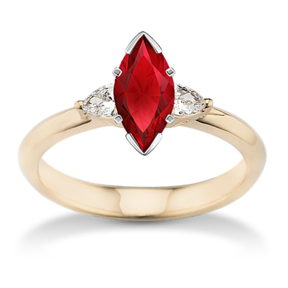 Three-Stone Pear Shaped Diamond Engagement Ring in 14k Yellow Gold with Marquise Ruby