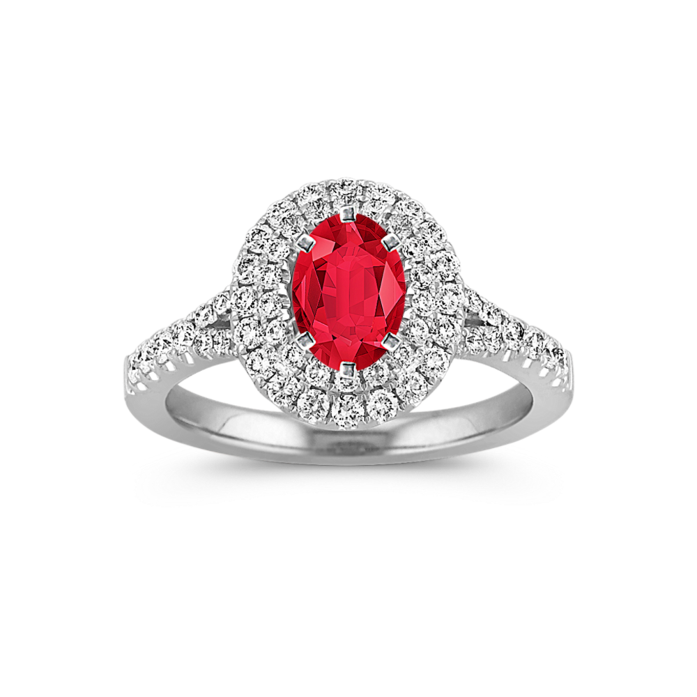 Oval Double Halo Round Natural Diamond Engagement Ring with Pave Setting